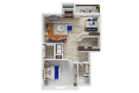 A top-down view of a house layout with a kitchen, living room, and bedrooms.